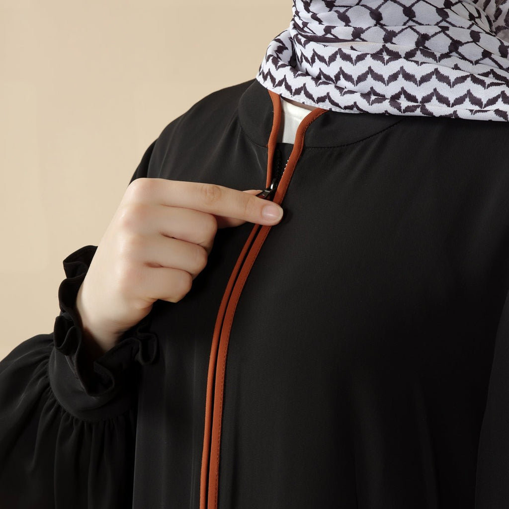 Modest Pullover Abaya with Palestinian Embroidery, Elegant Ruffled Cuff Maxi Dress (MA141)